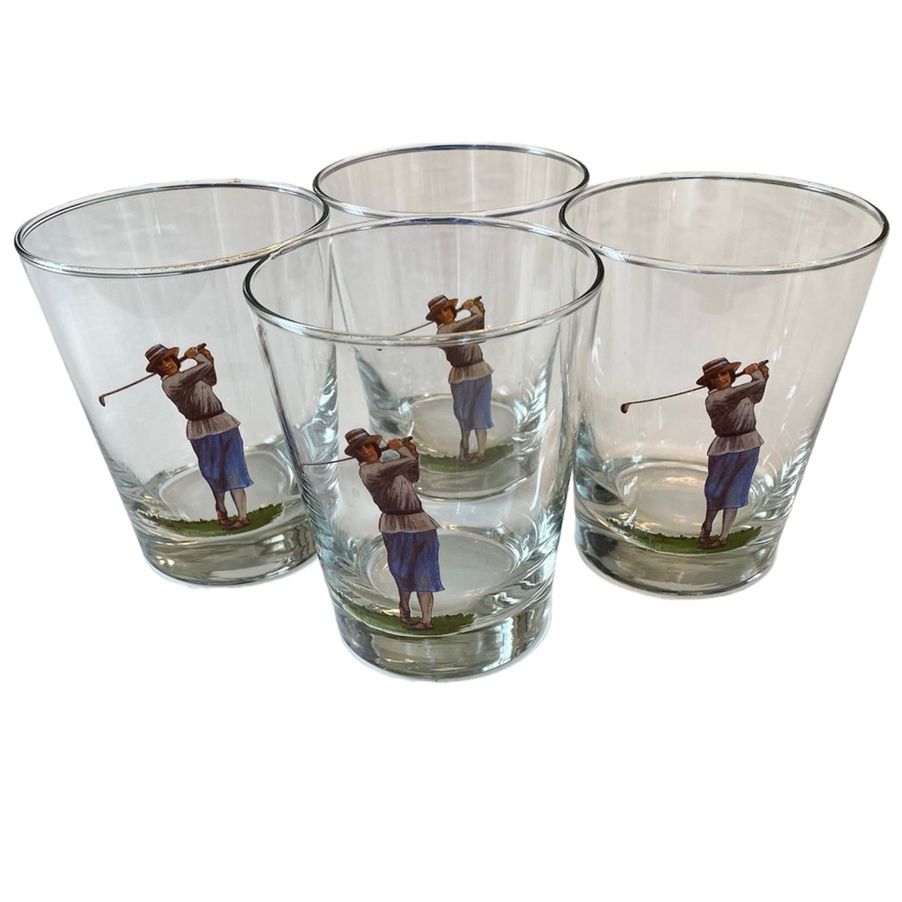 Vintage Lady Golfer Glasses Vtg Highball Whiskey Unique Rare Barware Set of 4